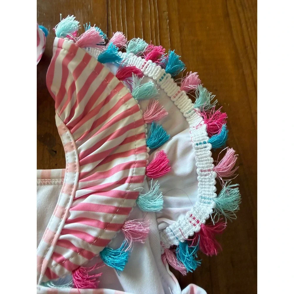 Mud Pie Baby Girl Mermaid One Piece Swimsuit Pink Striped Tassel 6-9 Months